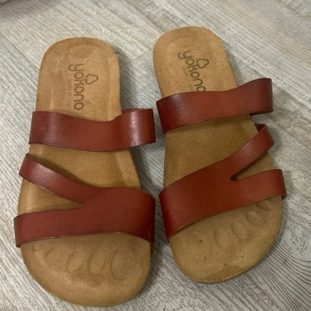 Yokono Spain Leather Cork Footbed Slide Sandals Cognac Boho Size 8 Mediterranean